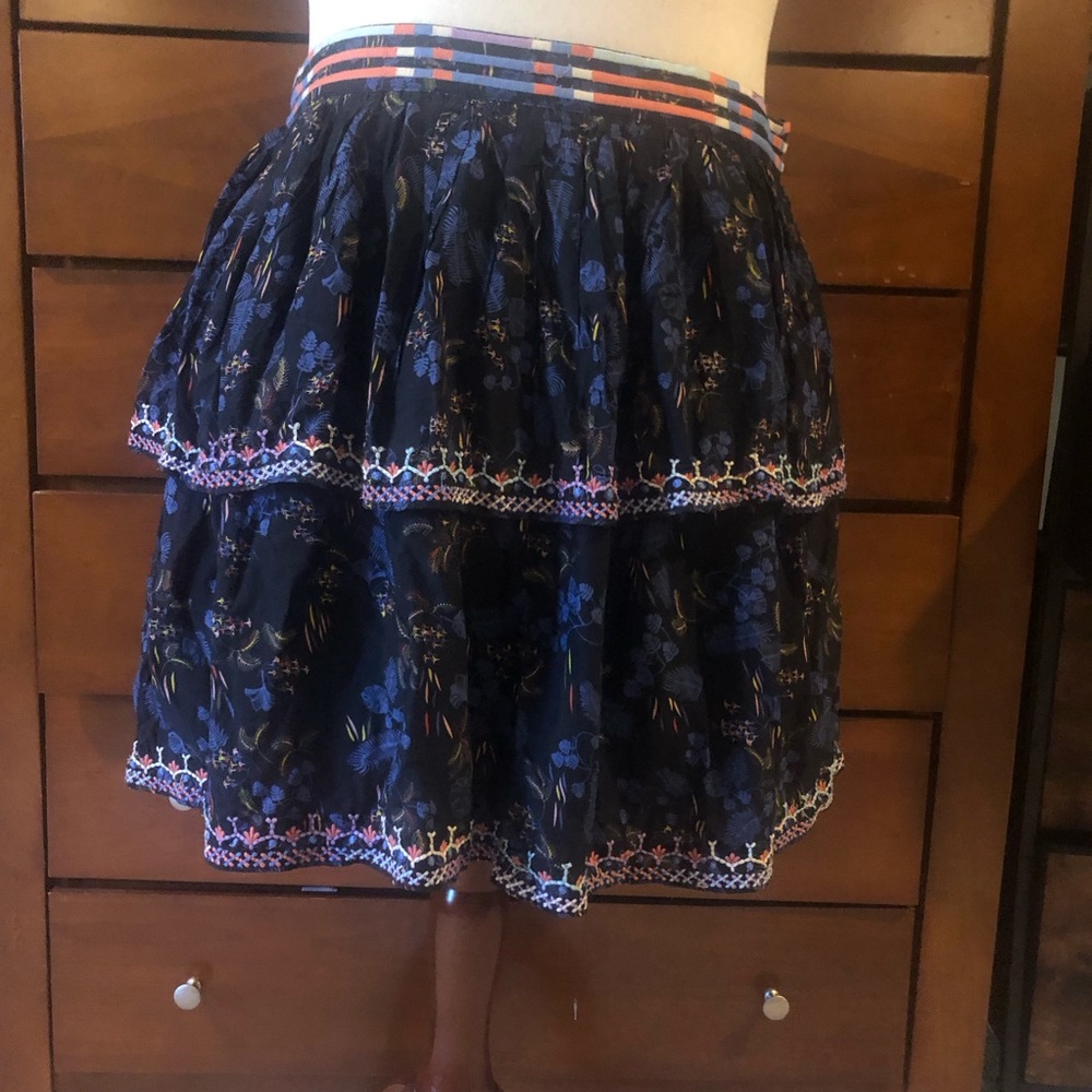 Navy Floral Tiered Skater Skirt with Multicolor Trim